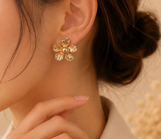 Gold Large Flower Stud Earrings